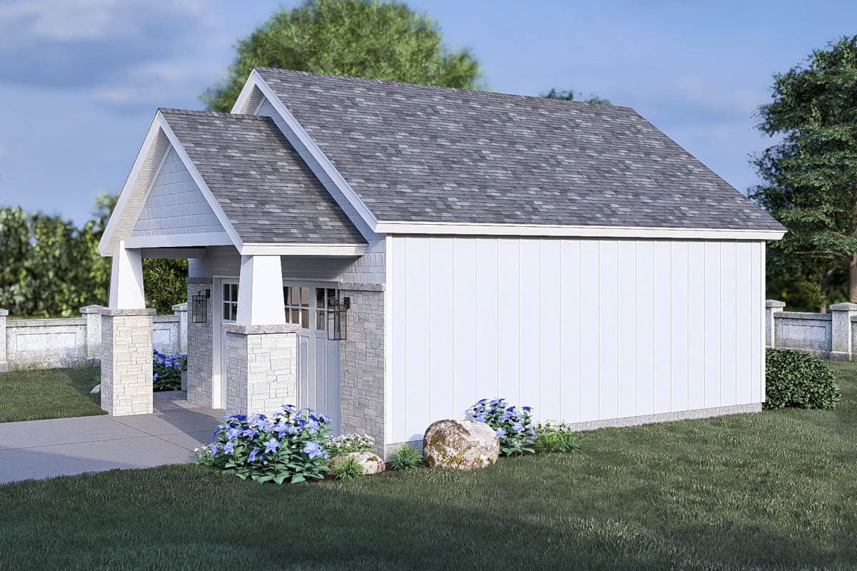 House plan exterior with front-facing gabled entrance, stone accents, and vertical siding.