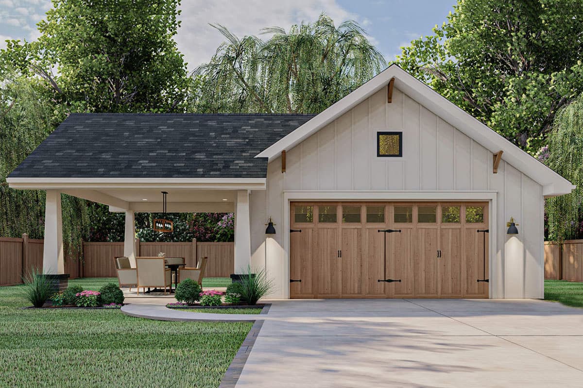 Modern Farmhouse house plan exterior with a gabled roof, attached pergola, and carriage-style garage door. One story.