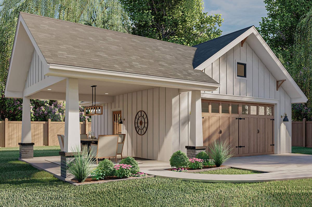 Modern Farmhouse house plan exterior with covered porch, board and batten siding, and wood garage doors with glass panels.