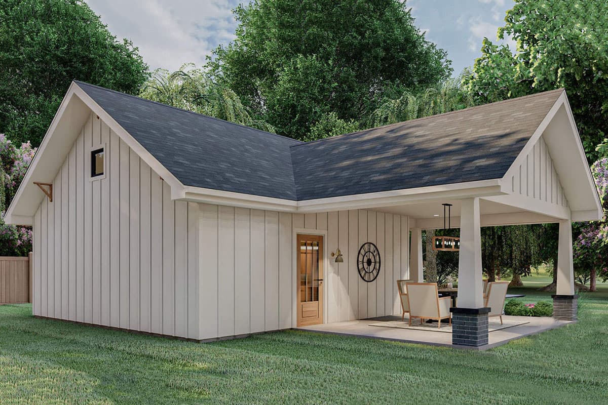 House plan exterior: Modern farmhouse style, one story, board and batten siding, gabled roof, covered patio with seating.