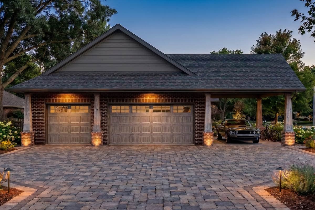 House plan exterior showing a two-car garage with a side carport, brick accents, and gabled rooflines.