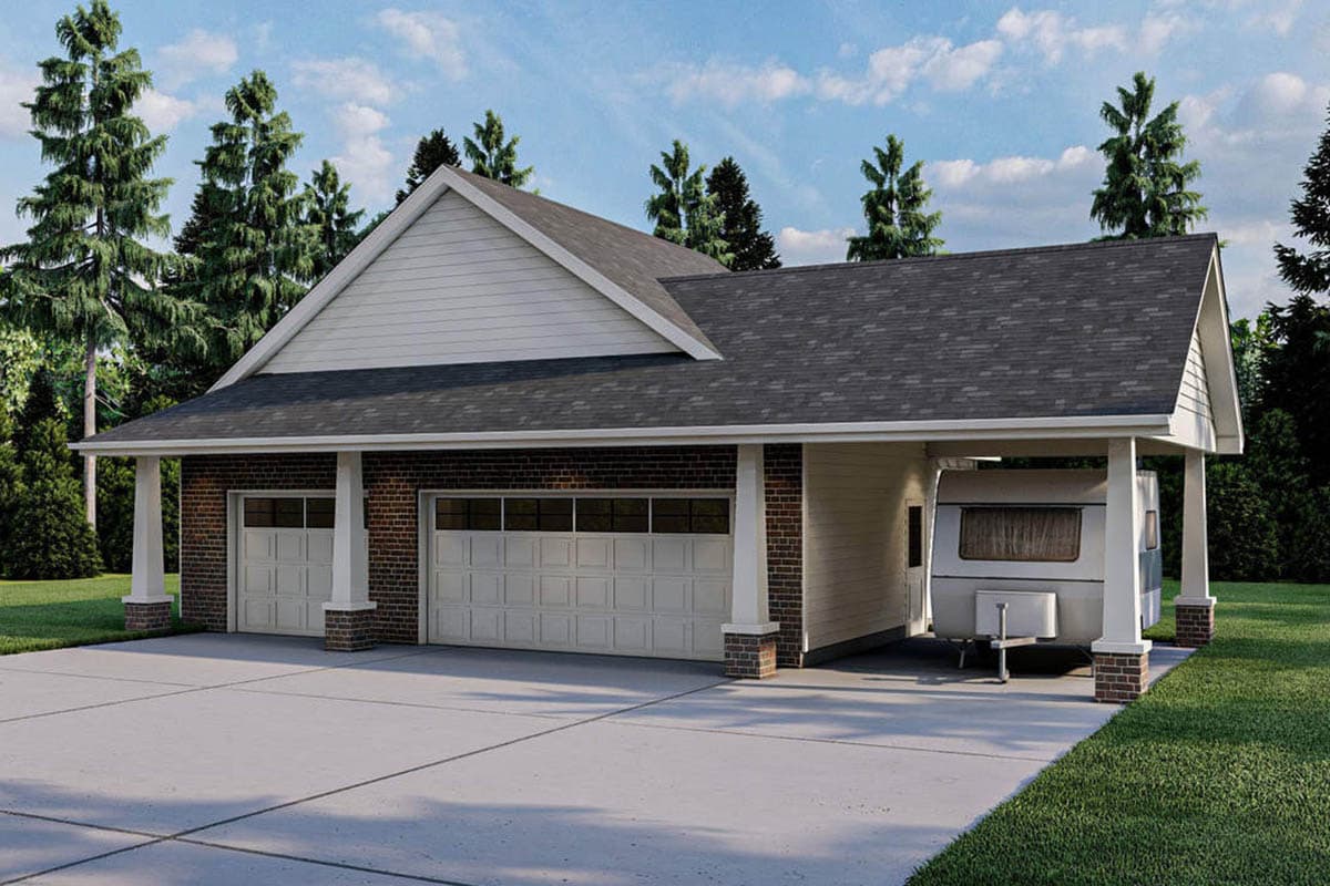 House plan exterior showing a two-car garage with a side carport, brick accents, and gabled rooflines.