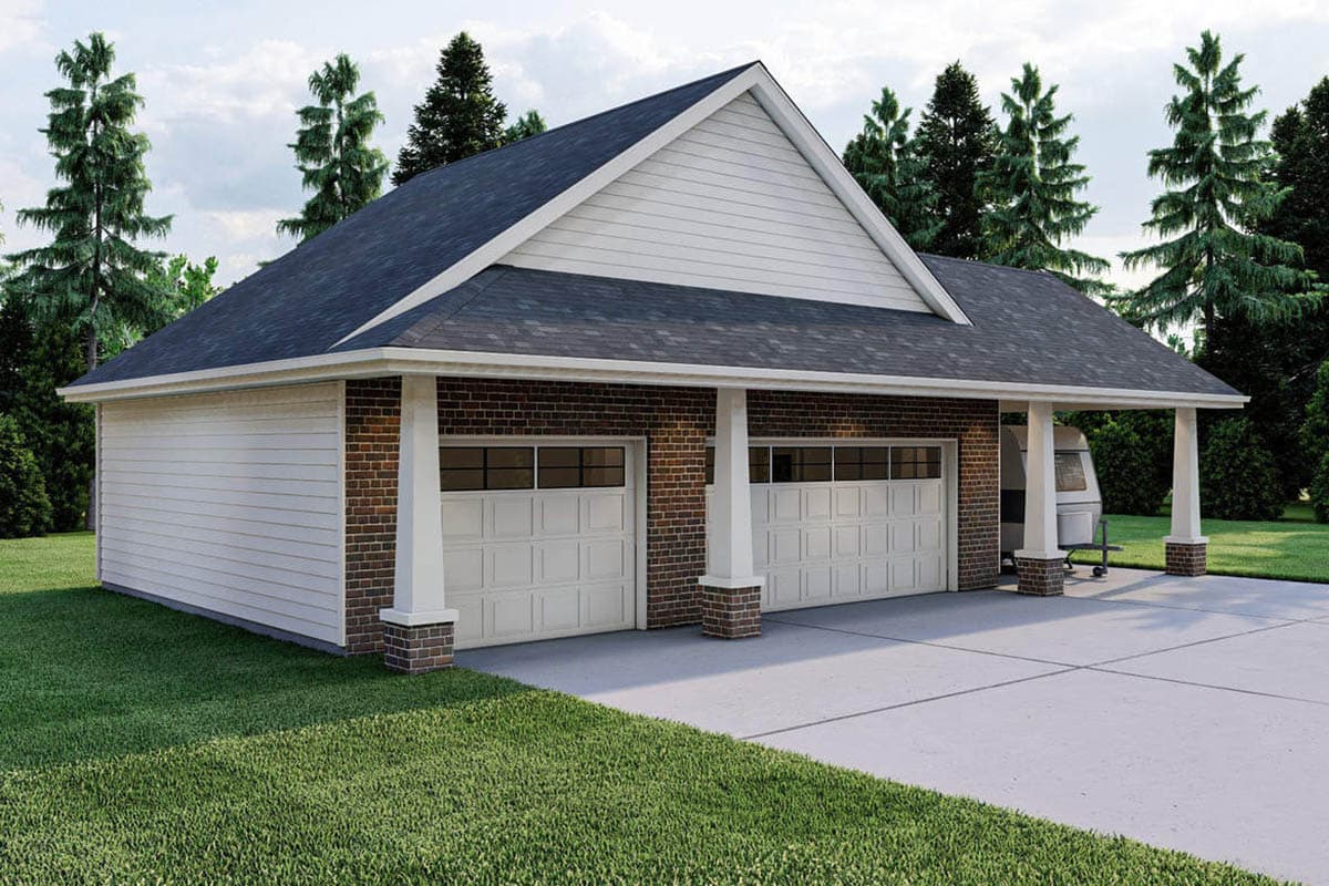 House plan exterior: Two-car garage with brick accents, white siding, and covered parking for a trailer.
