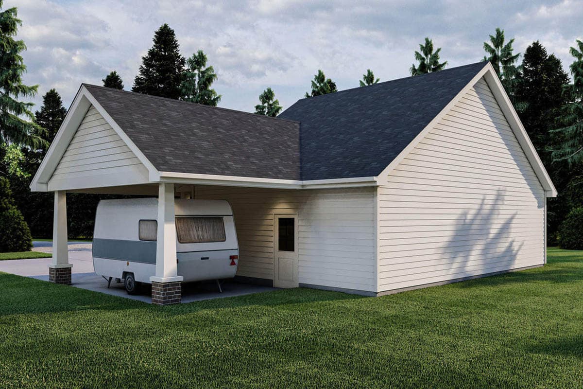 House plan exterior with a single-story structure, gable end, and attached covered carport with brick-accented columns.