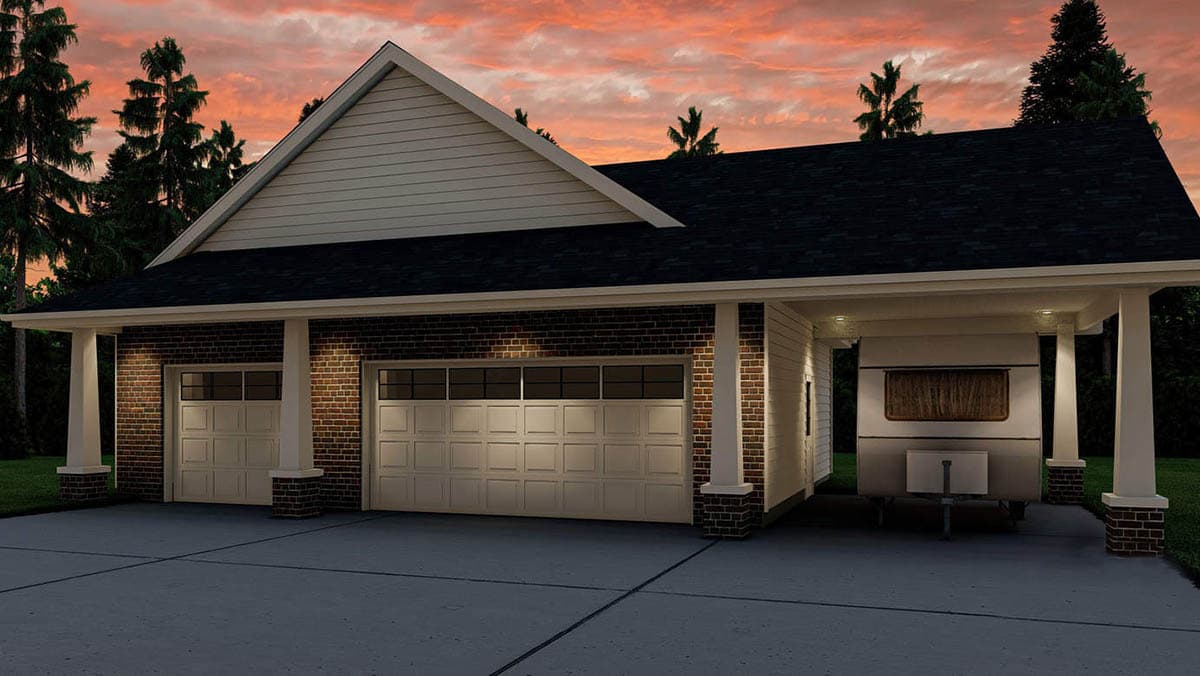 House plan exterior with two garage bays, a covered bay for an RV, brick and siding, and gable roof.