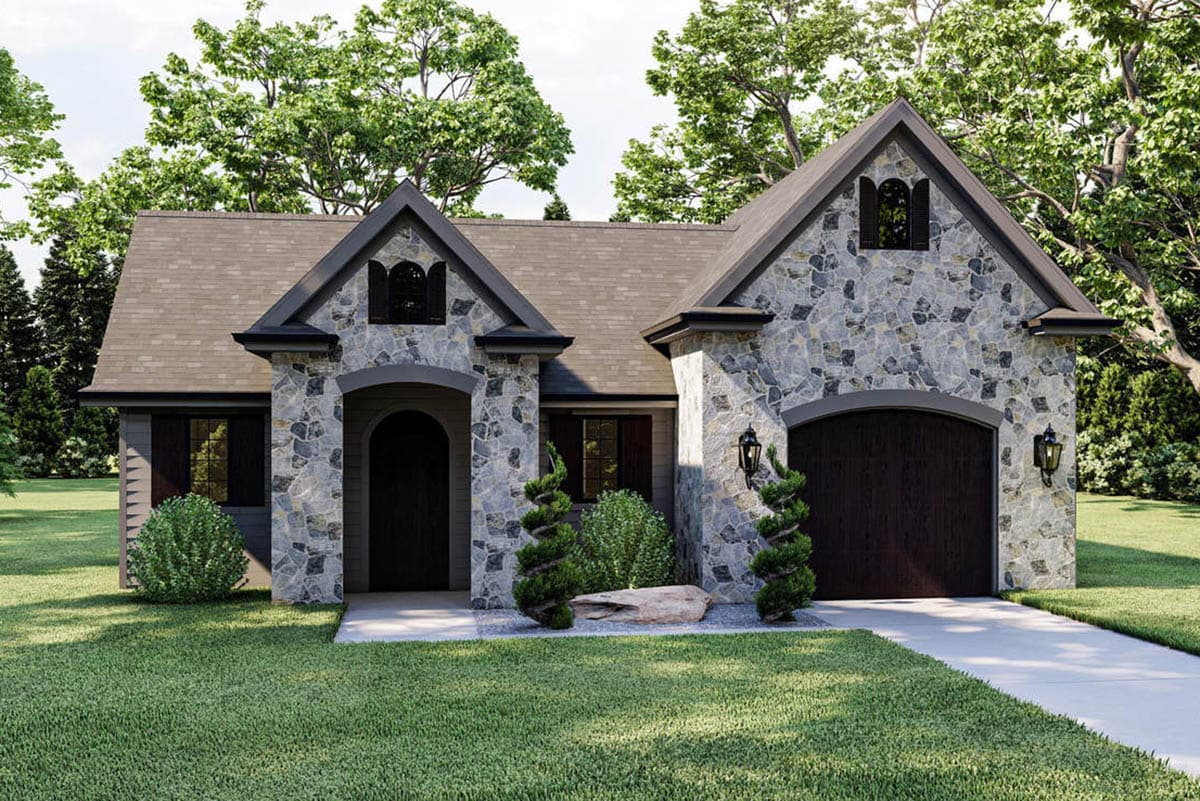 House plan exterior with stone veneer, arched entryways, and gable roof. Includes a garage with an arched door and decorative lanterns.