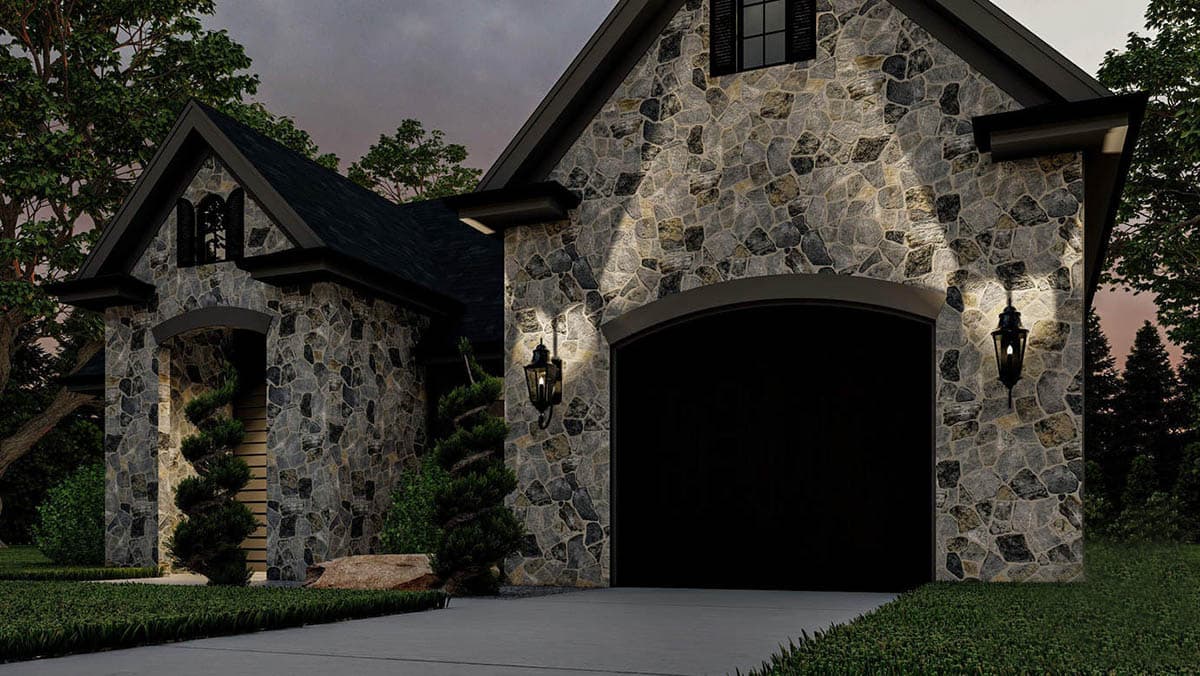 House plan exterior: Stone veneer, prominent gables, arched garage door, and arched entryway with decorative window.