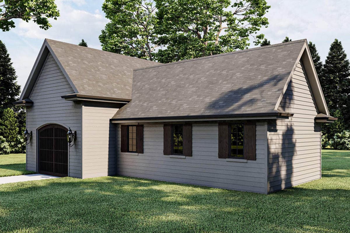 House plan exterior with gabled roof, vinyl siding, arched garage door, and three windows with shutters.