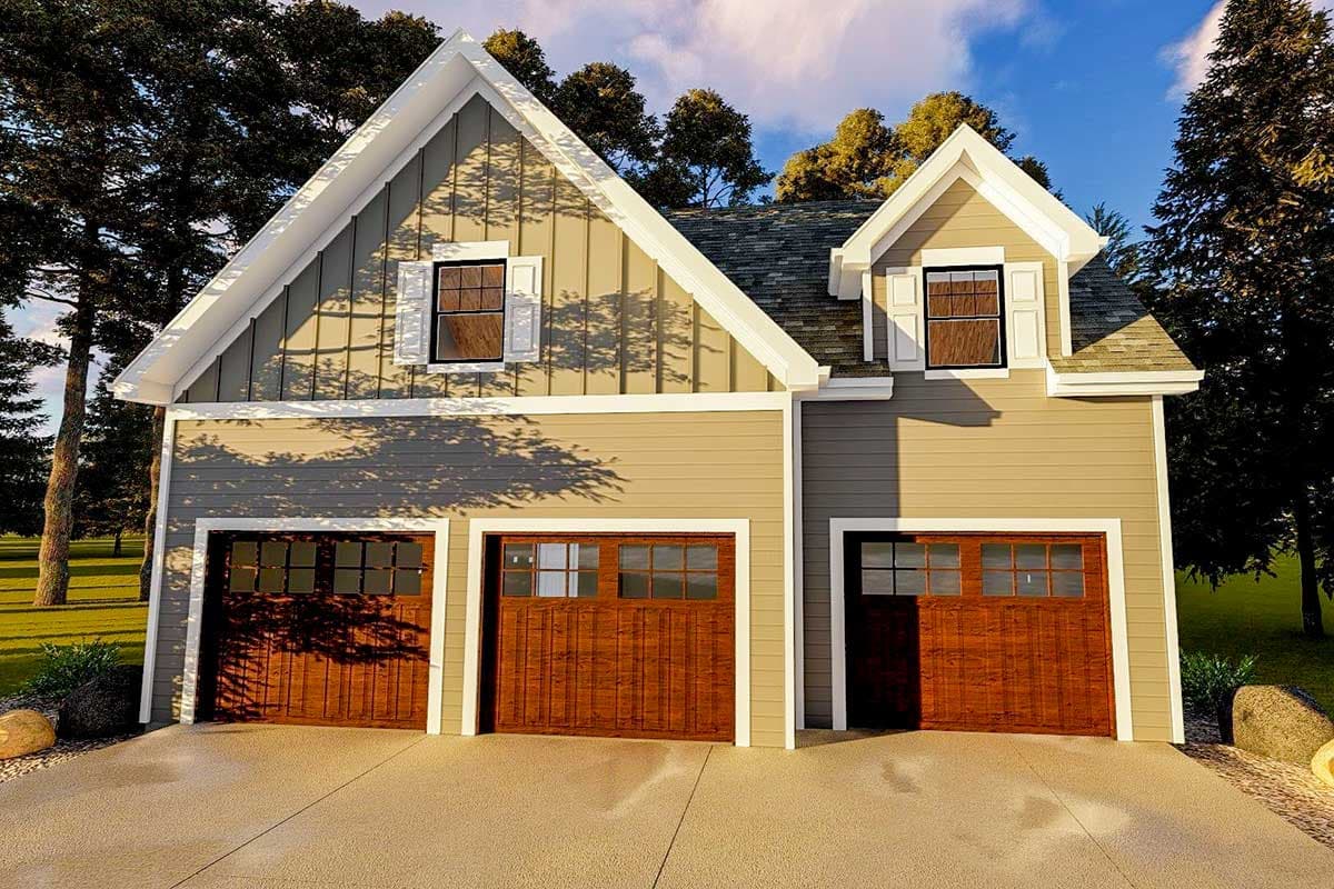 House plan exterior with a three-car garage, gable roofline, and dormer.