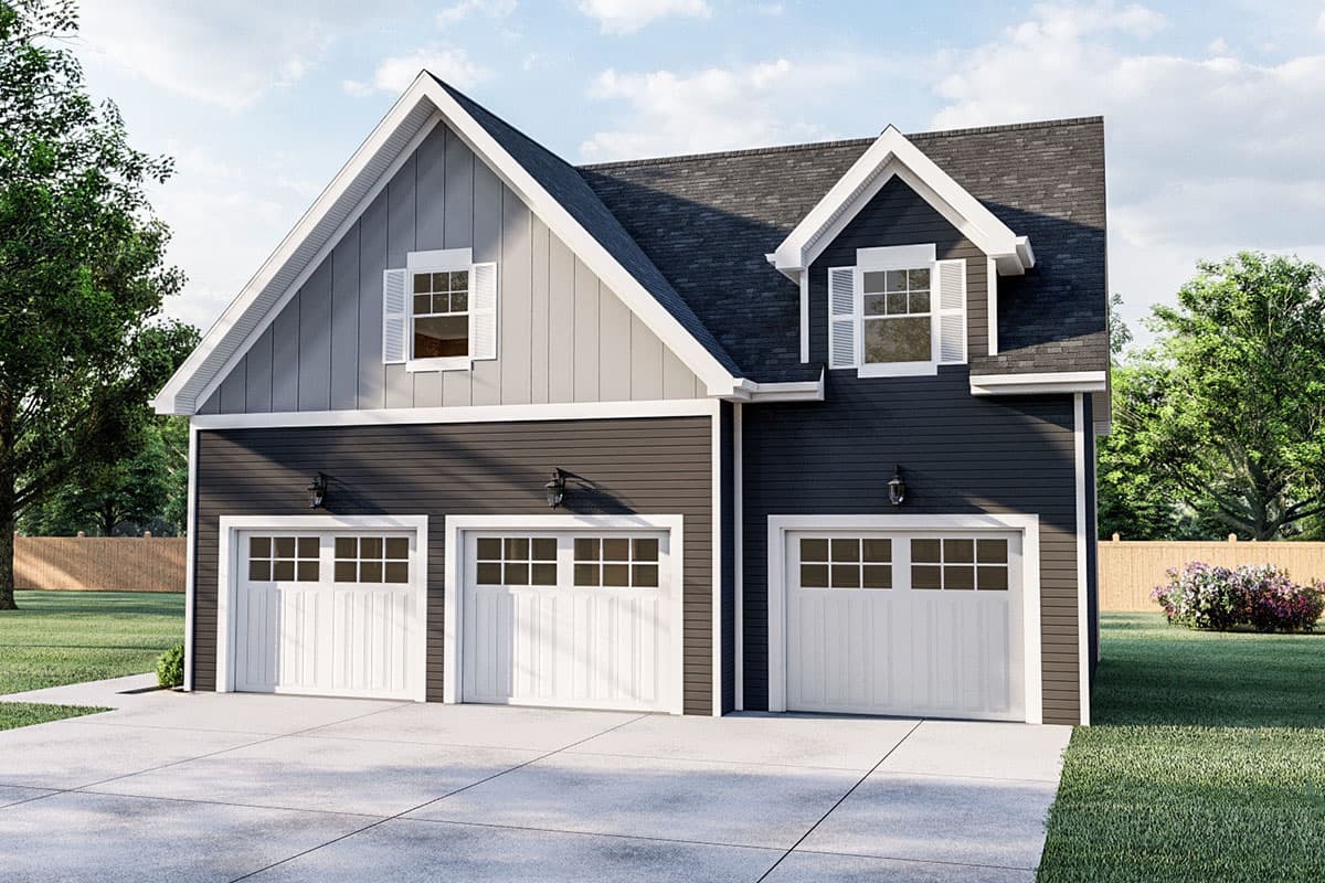 House plan exterior with two stories. Features include a gabled roof, dormer, and three-car garage with overhead doors.