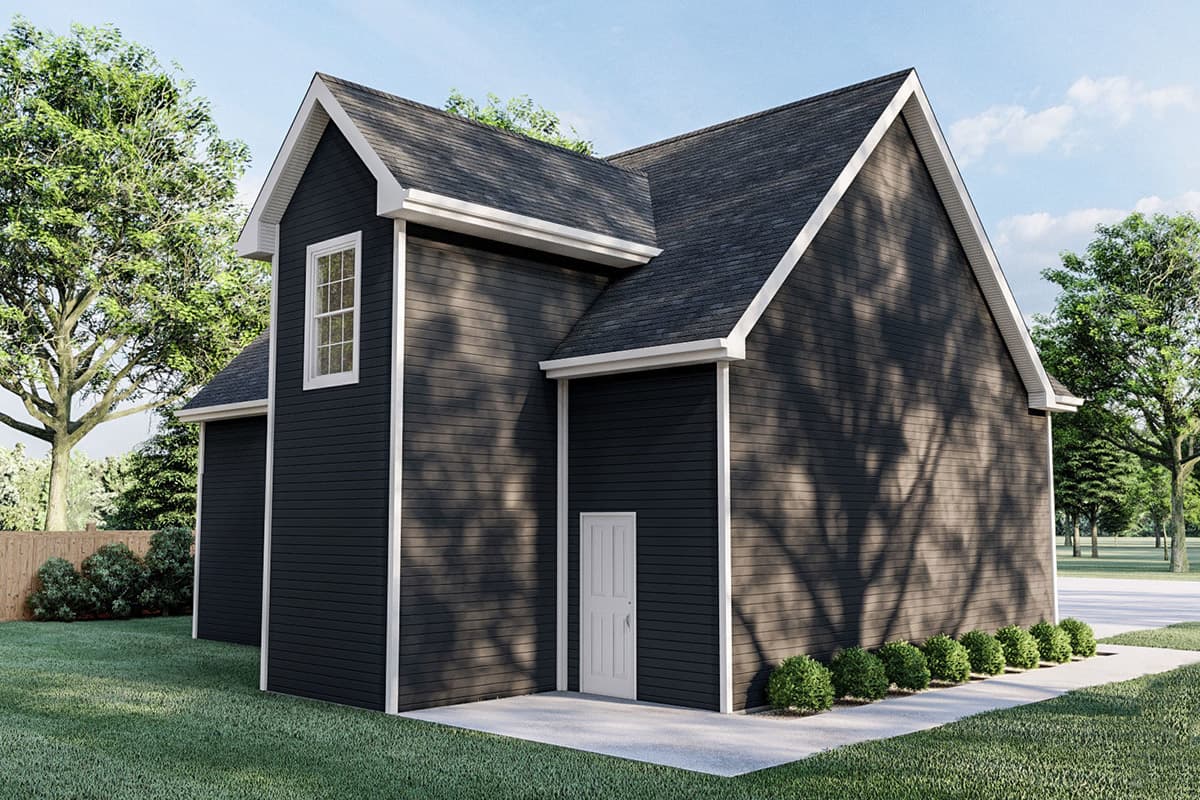 House plan exterior view of two-story Modern Farmhouse with dark siding, gabled roof, and white trim.