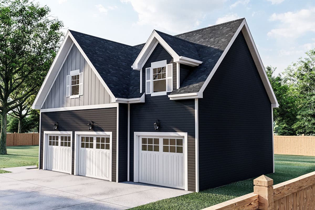 House plan exterior: Modern Farmhouse style with a three-car garage, white paneled doors, gables, and a dormer.