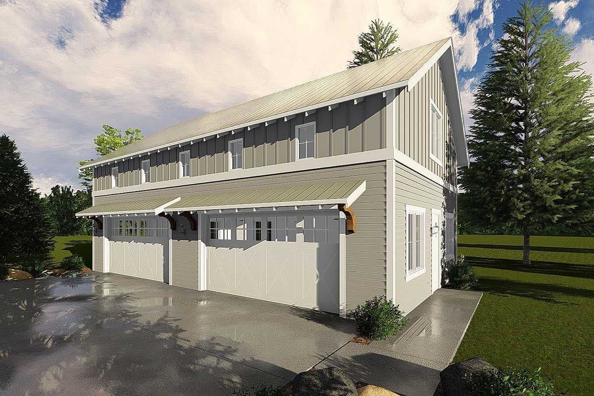 House plan exterior showing a two-story building with three garage bays, gable rooflines, and metal awnings over garage doors.