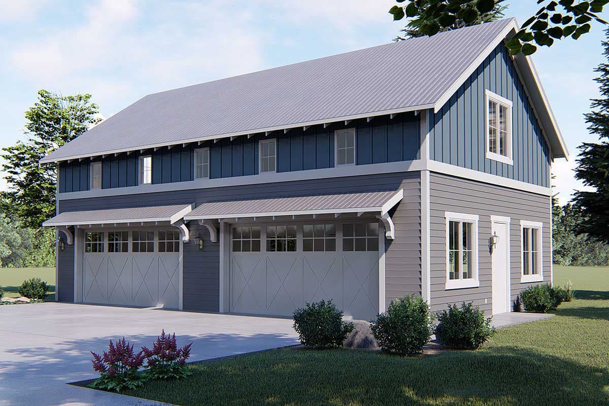 House plan exterior for two-car garage building with metal roof, gables, and dormers.