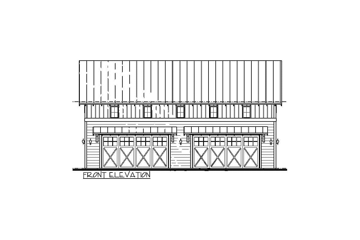 Front elevation drawing of a house plan showing a metal roof, upper story windows, and four garage doors.