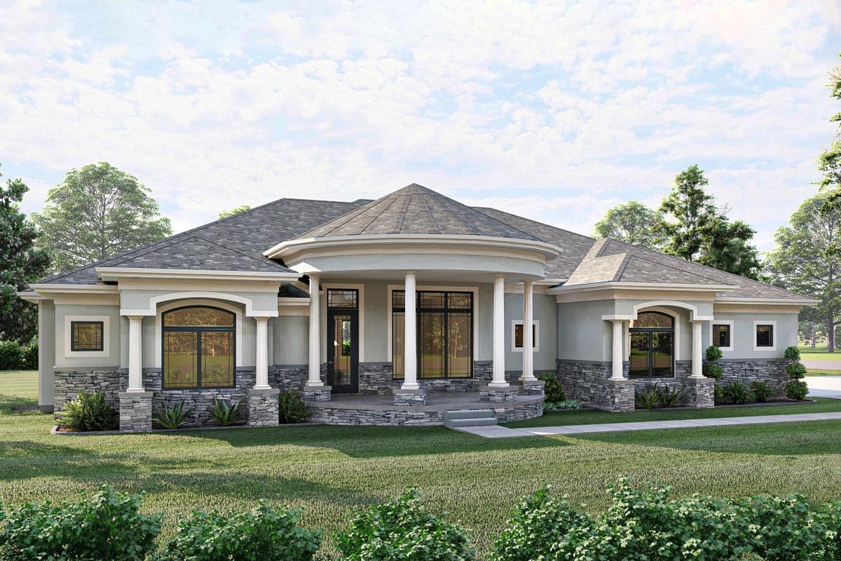 House plan exterior. Features include a one-story design, a covered porch, stone accents, and a low-pitched roof with a central turret.