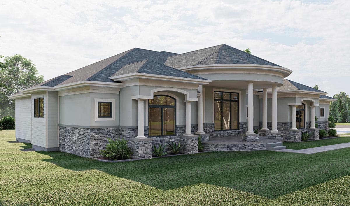 House plan exterior with a single story, stone skirting, large windows, arched entry, and a curved columned portico.