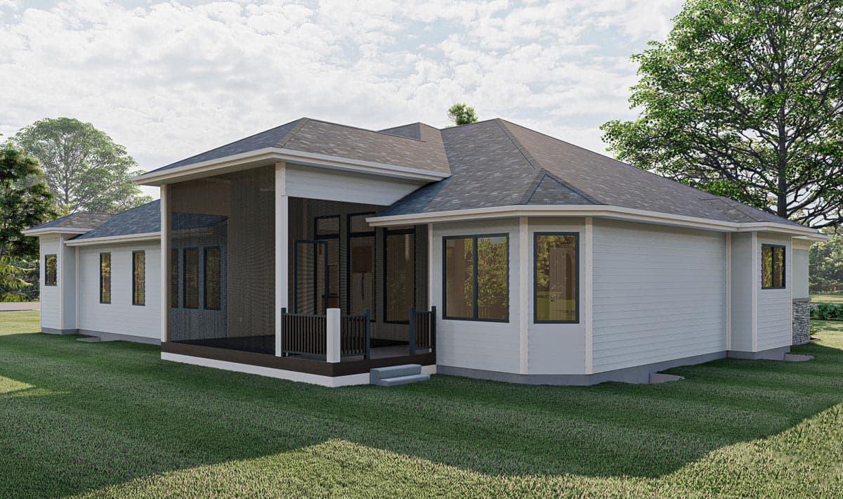 House plan exterior: single-story home with screened porch, multiple gables, and large windows.