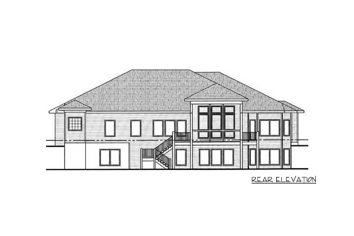 Rear elevation drawing of a house plan with multiple windows, decks, and a large, complex roofline.