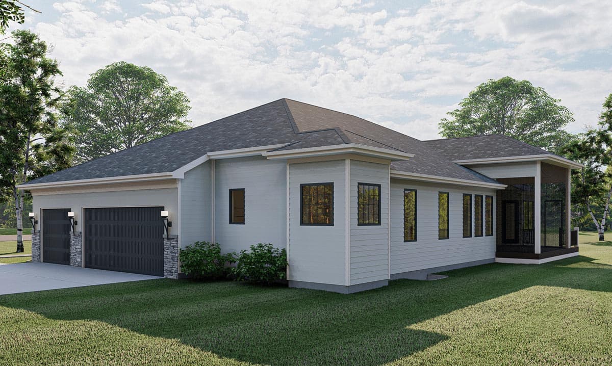 House plan exterior, single-story modern design with a three-car garage, gabled roof, and screened-in porch.