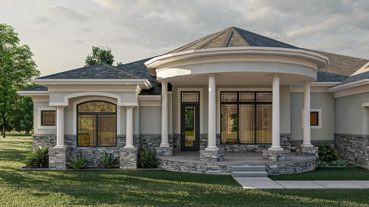 House plan exterior featuring a prominent circular portico with columns, stone accents, and a multi-pitched roofline.