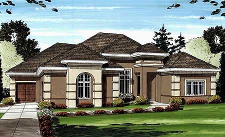 House plan exterior: single-story home with a hip roof, arched window, and attached garage.