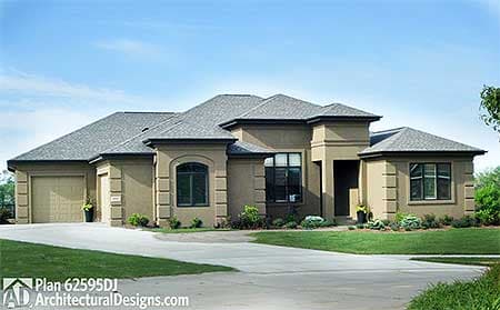 House plan exterior: Ranch style, stucco finish, attached 3-car garage, deep-set entry with square columns, gabled dormers.