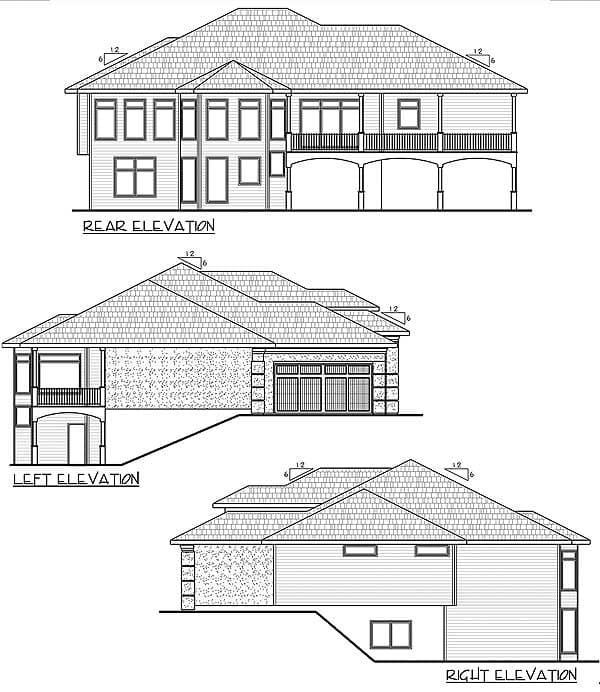 Rear, left, and right elevations of a house plan showing multiple gables, a covered rear deck, and a three-car garage.