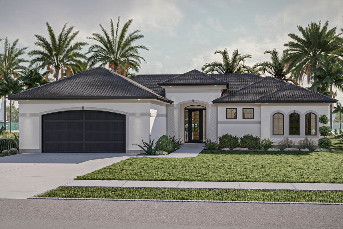 House plan exterior: Single-story, light green stucco home with a tile roof, arched entry, and a three-car garage.