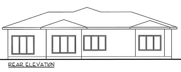 Rear elevation house plan showing a single-story structure with a hip roof, gables, and four sets of horizontal windows.
