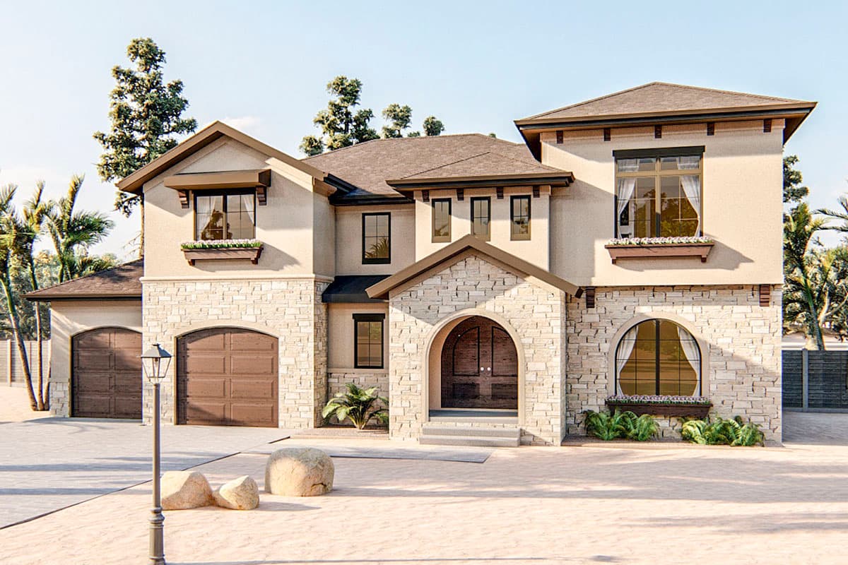 House plan exterior with stucco and stone facade, arched entryway, gabled rooflines, and multi-car garage.