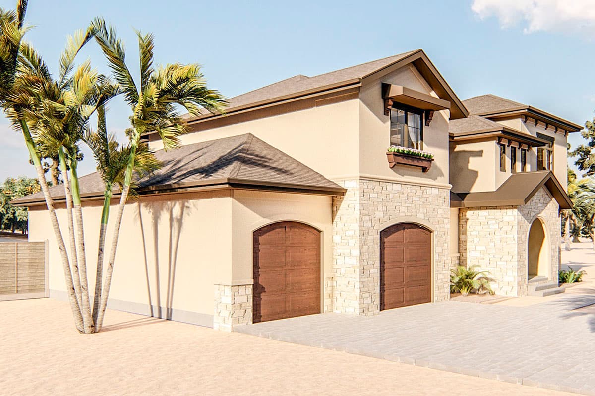 House plan exterior: stucco, stone accents, two-car garage with arched doors, gabled roof.