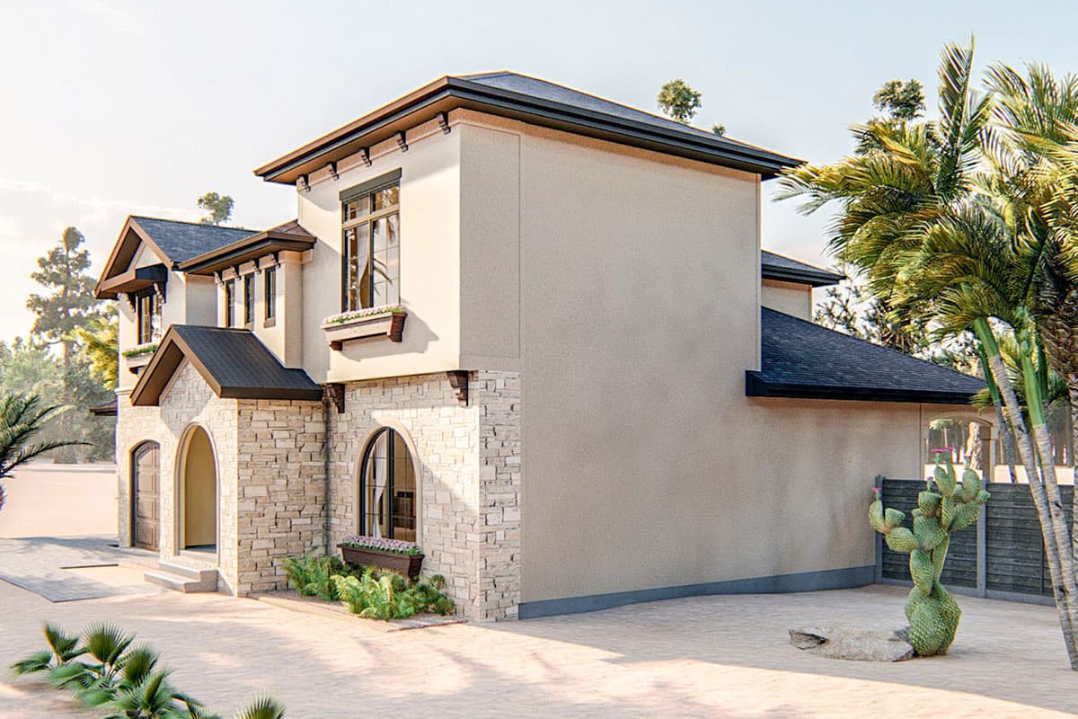 House plan exterior: two-story Mediterranean style with arched garage, stone accents, and dark gable roofs.