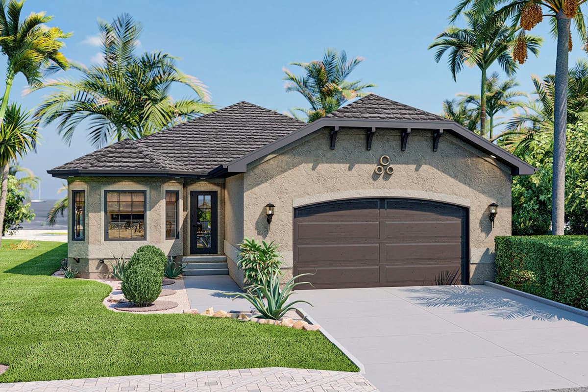 House plan exterior: Single-story home with arched garage door, dark gable brackets, and stucco finish.