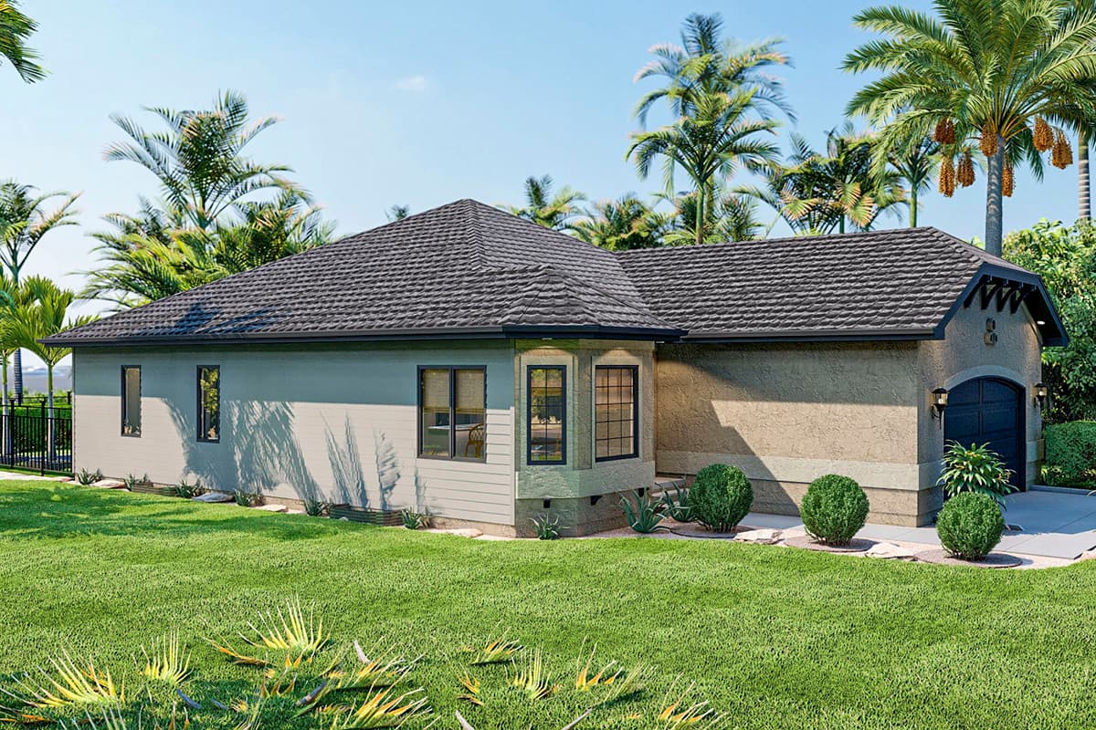 House plan exterior: One-story home with a gray shingle roof, bay window, and a single-car garage with an arched doorway.