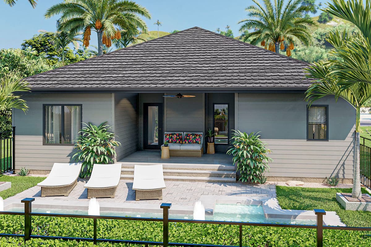 House plan exterior, single-story modern design with a hip roof, covered patio with outdoor seating, and a water feature.