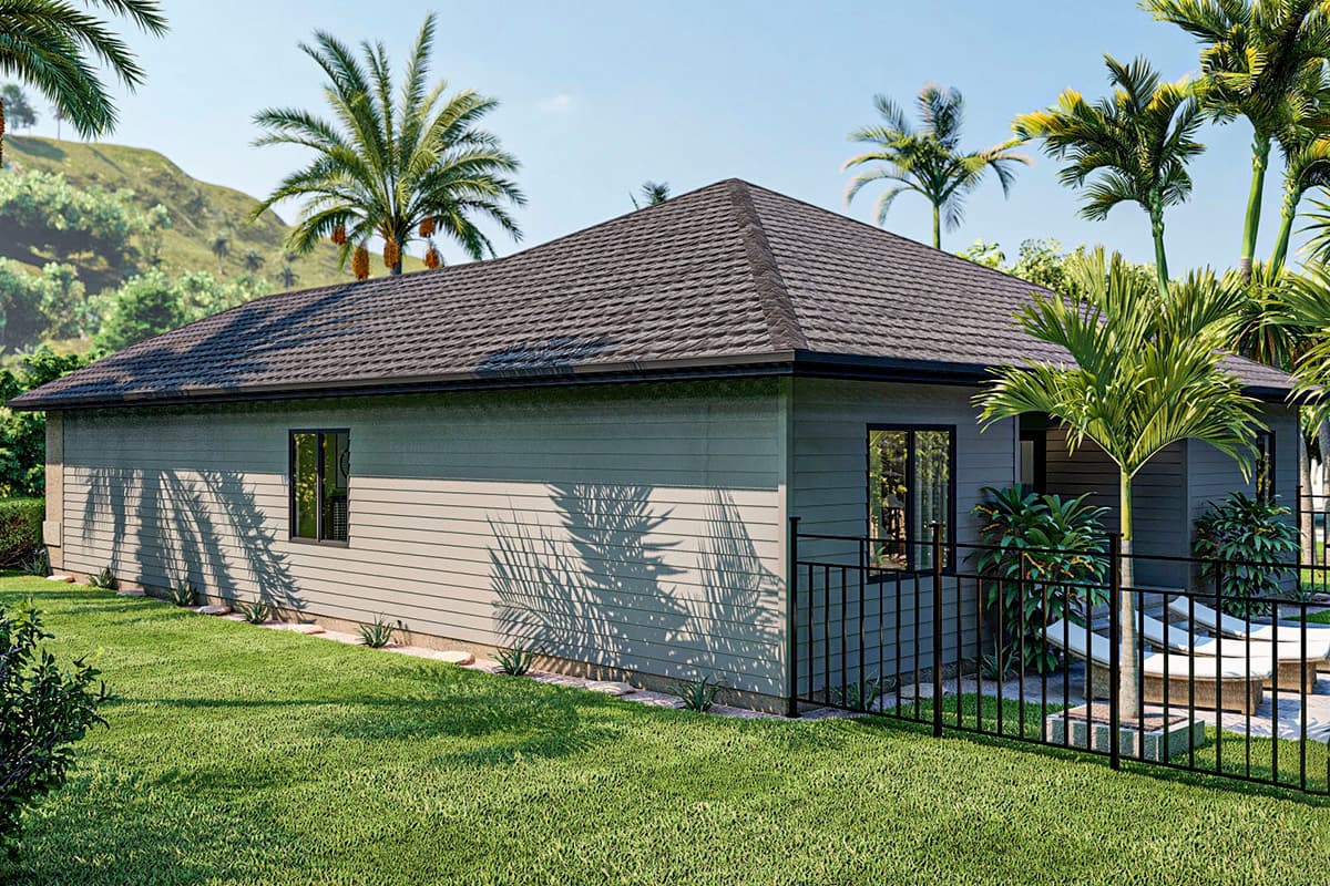 Single-story house plan exterior with horizontal siding, a hip roof, and visible windows.
