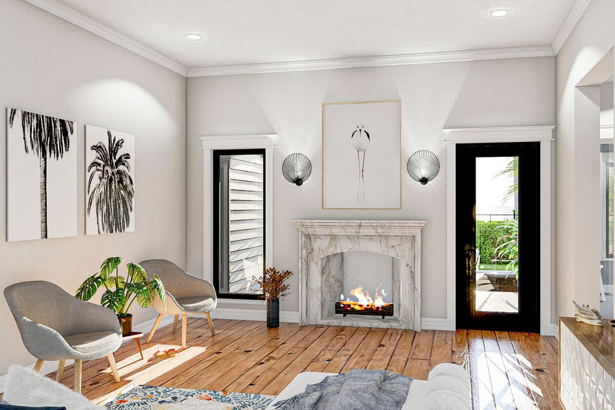 Interior rendering of a living room with a marble fireplace, two chairs, and artwork on the wall.