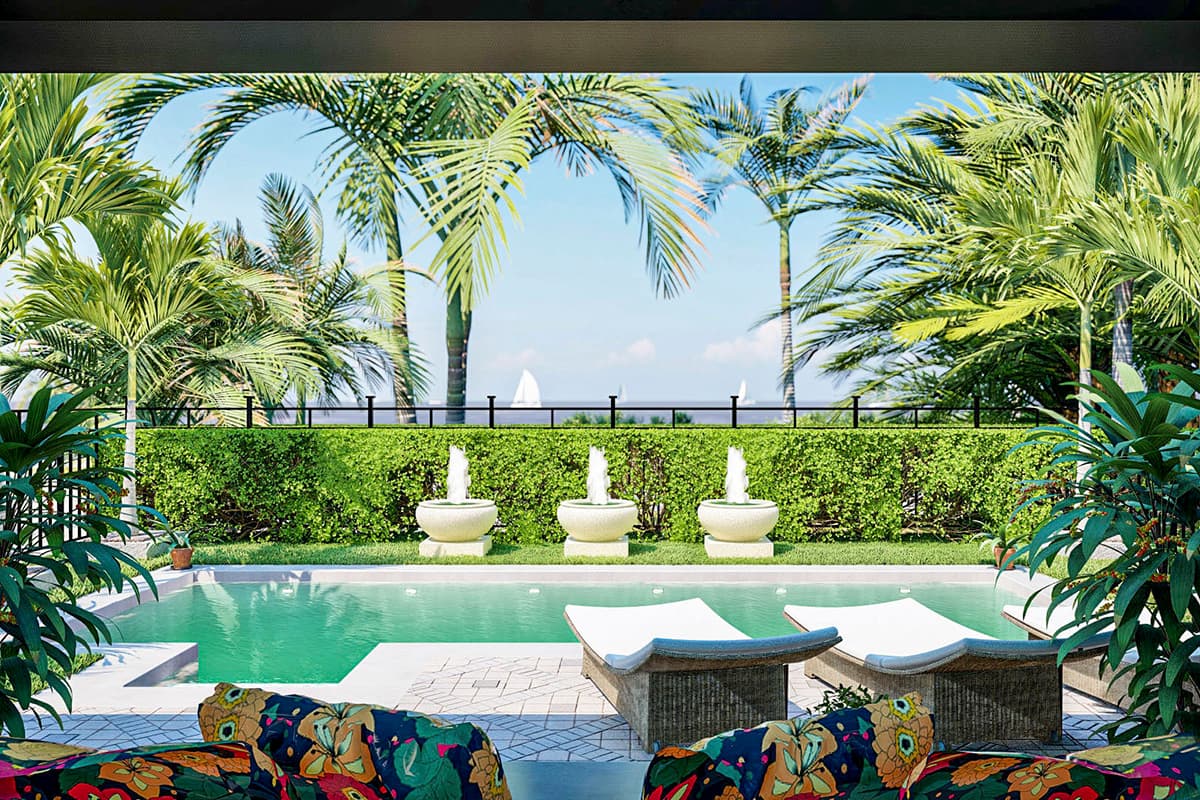 Resort-style backyard with swimming pool, chaise lounges, three fountains, and manicured hedge.