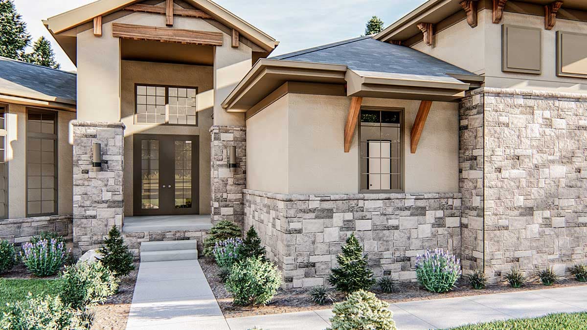 House plan exterior featuring stone accents, dual gables, exposed wood beams, and double entry doors.