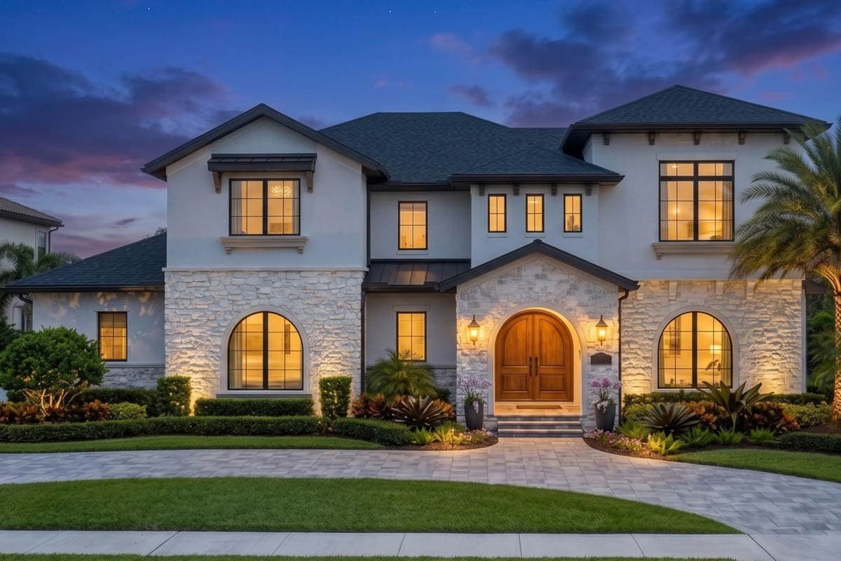 House plan exterior. Two-story Mediterranean-style home with stone facade, arched entry, and multiple gables. Features a paver driveway.