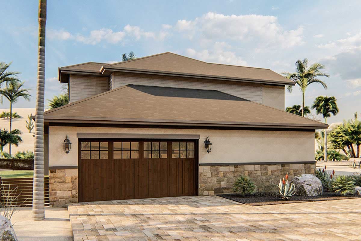 House plan exterior: two-story home with stone base, multi-level roof, and dark wood garage door.