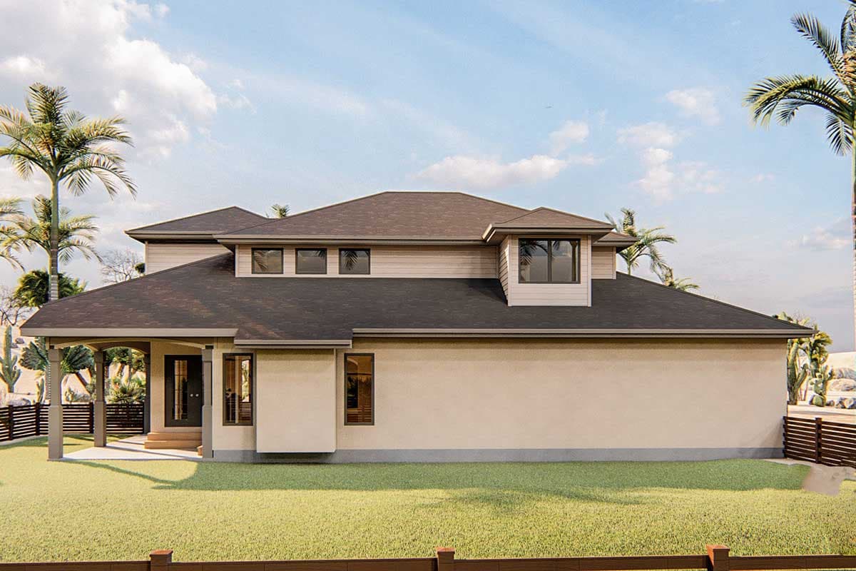 House plan exterior: Two-story Modern style with hip roof, covered entry porch, dormer window, and horizontal siding.