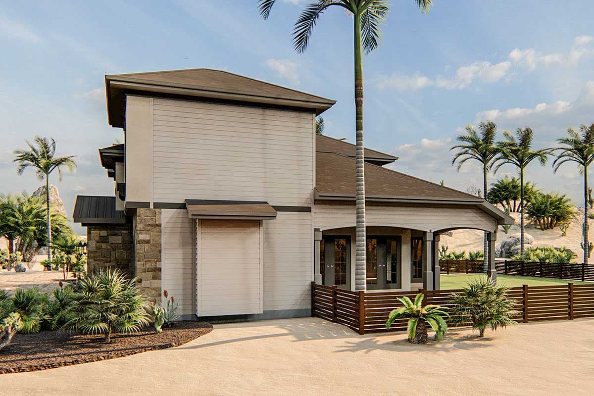 House plan exterior featuring stacked stone base, horizontal siding, hip roof, and covered porch with wood railing.