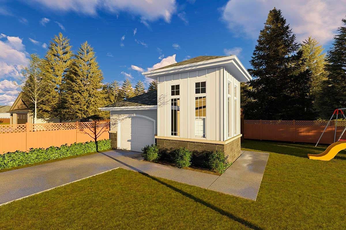 House plan exterior: Modern style, two stories, attached garage, vertical siding, and prominent window tower.