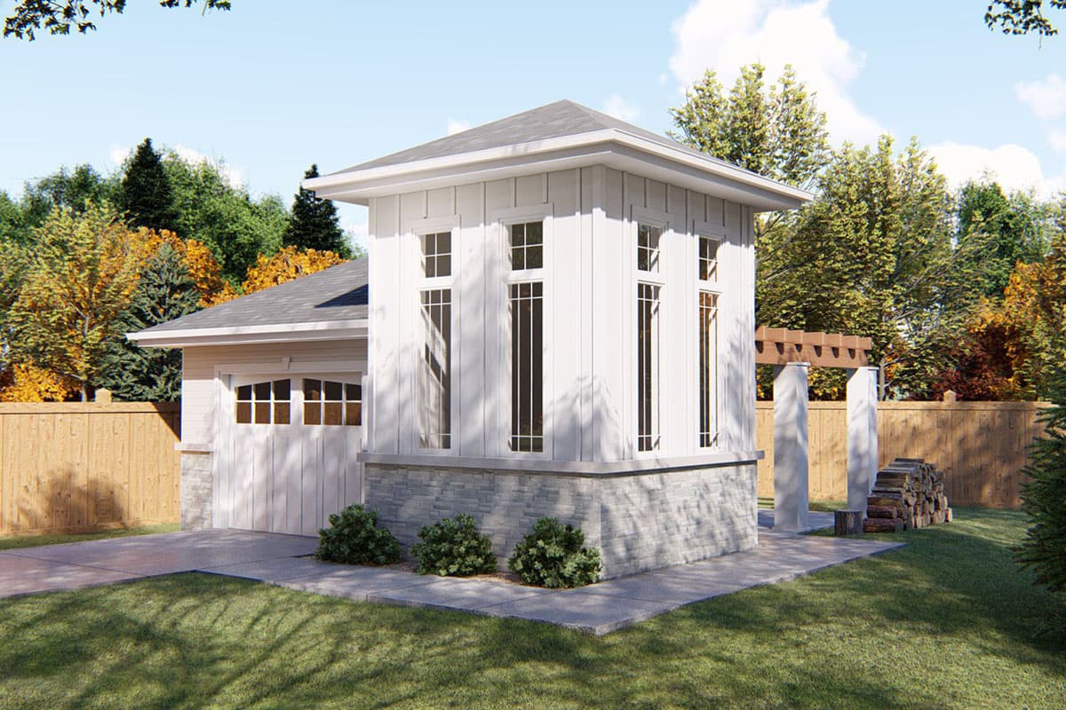 House plan exterior with a white board-and-batten facade, stone base, and multi-pane garage door.