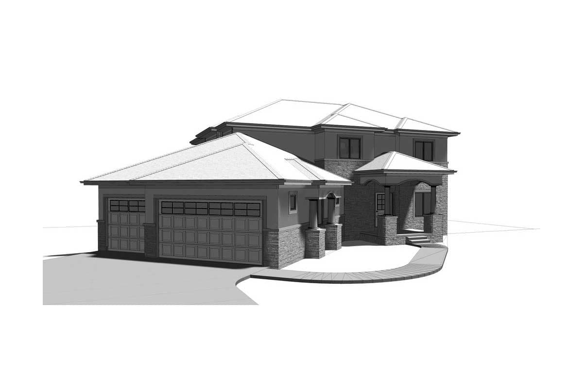 House plan exterior: Two-story residence with a three-car side-entry garage, stone accents, and a covered front porch.