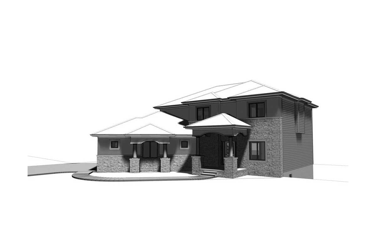House plan exterior rendering featuring a two-story home with stone accents, multiple gables, and a covered entrance with columns.