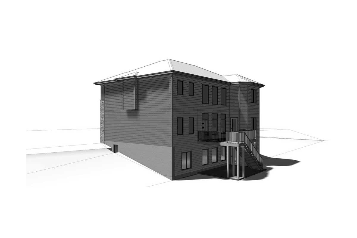 House plan exterior: multi-story structure with siding, upper-level deck with stairs, and multiple windows.