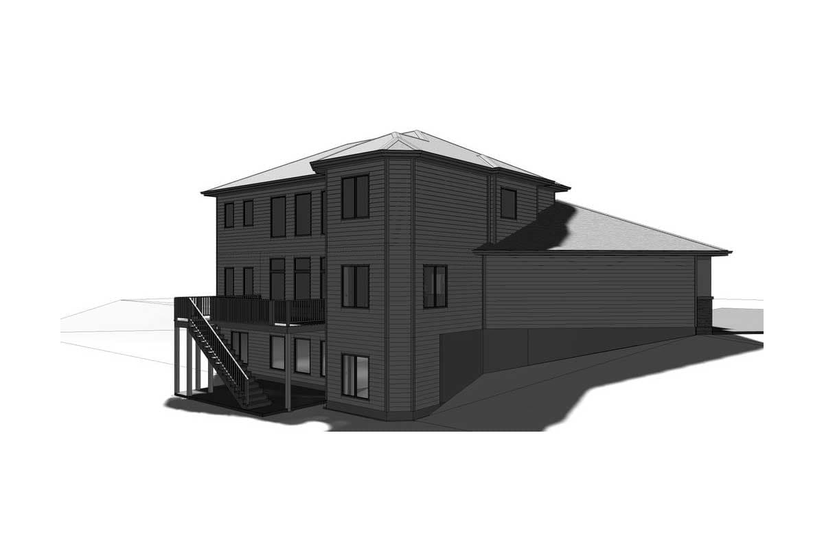 House plan exterior, three-story, with lap siding, a prominent deck with stairs, and a sloped roofline.